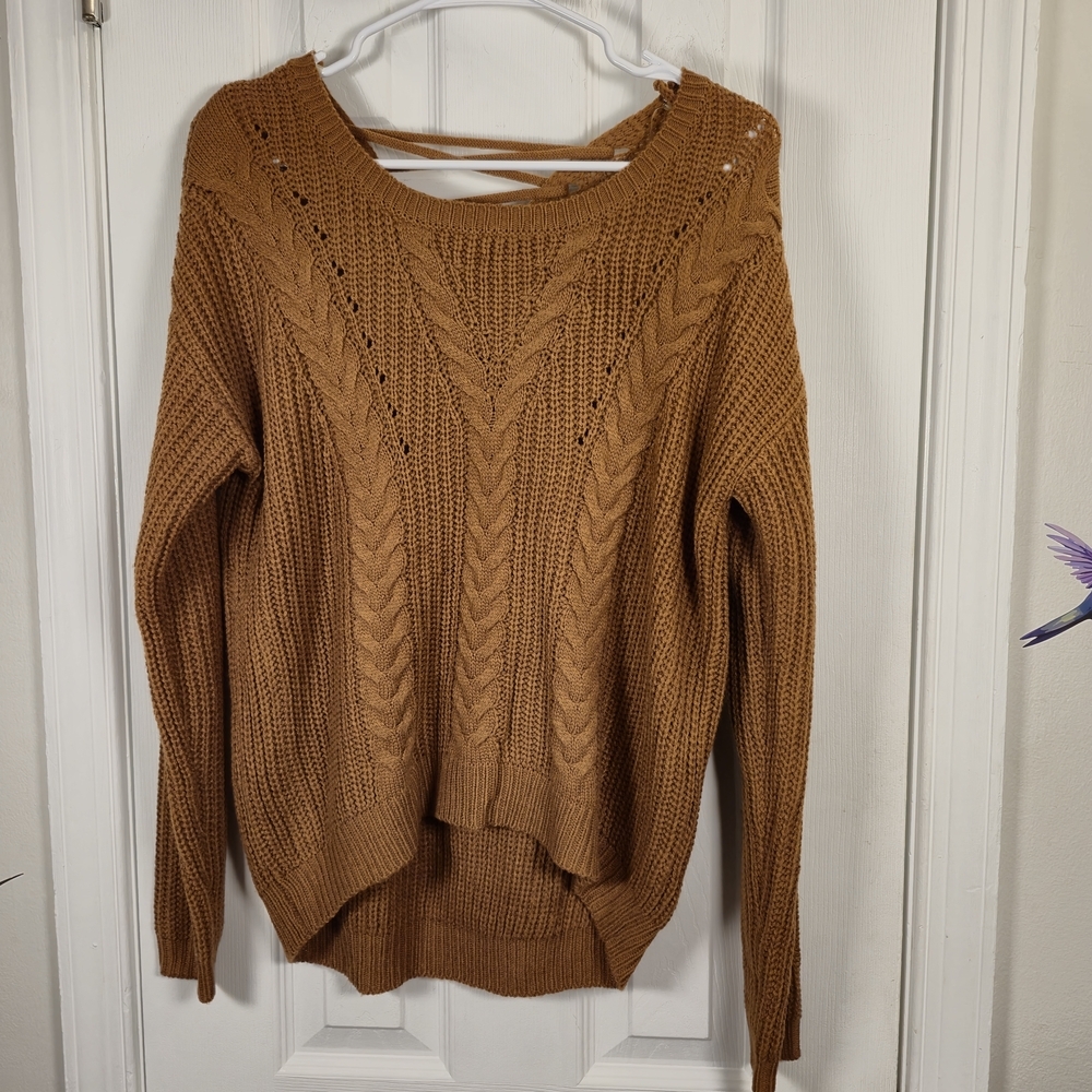 No Boundaries Mustard Brown Cable Knit Lace Up Back Chunky Sweater Medium